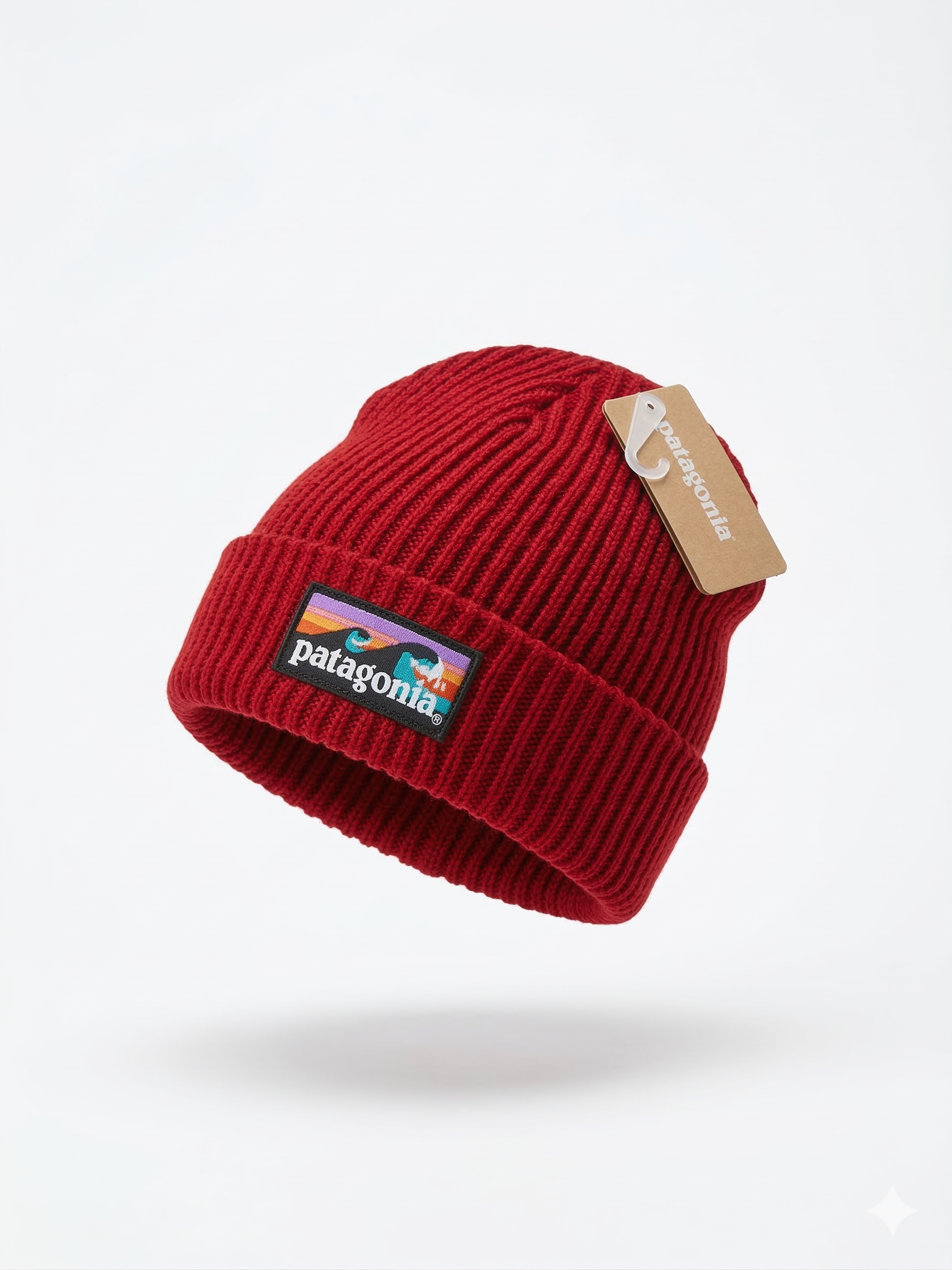 Patagonia White Ribbed Knit Beanie with Sunset Wave Logo
