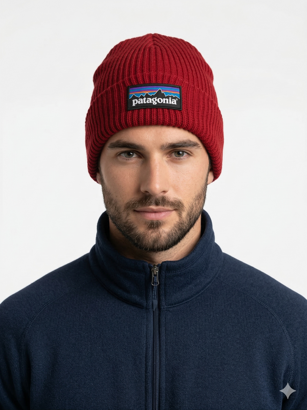 Patagonia White Ribbed Knit Beanie with Sunset Wave Logo