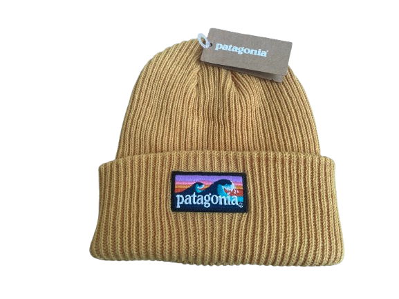 Patagonia White Ribbed Knit Beanie with Sunset Wave Logo