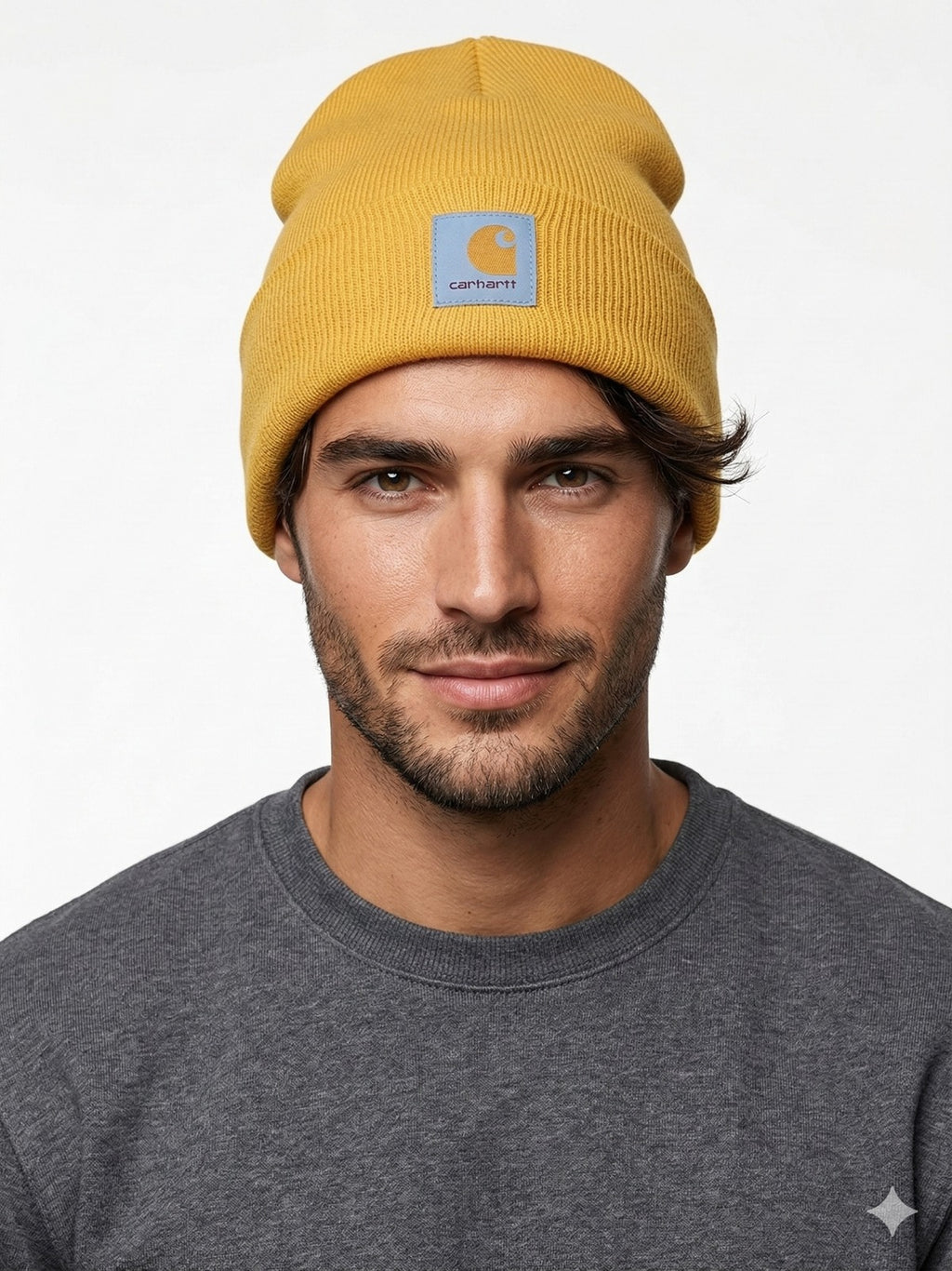 Carhartt Knit Mustard Yellow Beanie with Grey Logo