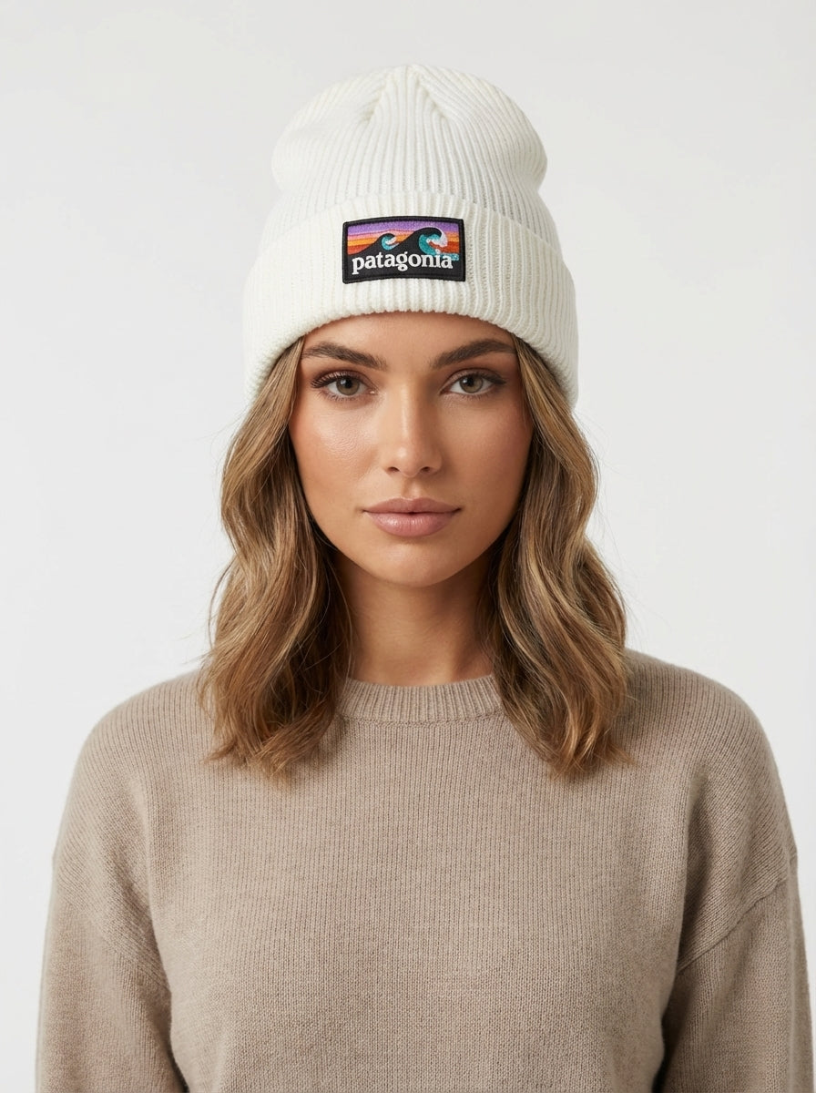 Patagonia White Ribbed Knit Beanie with Sunset Wave Logo