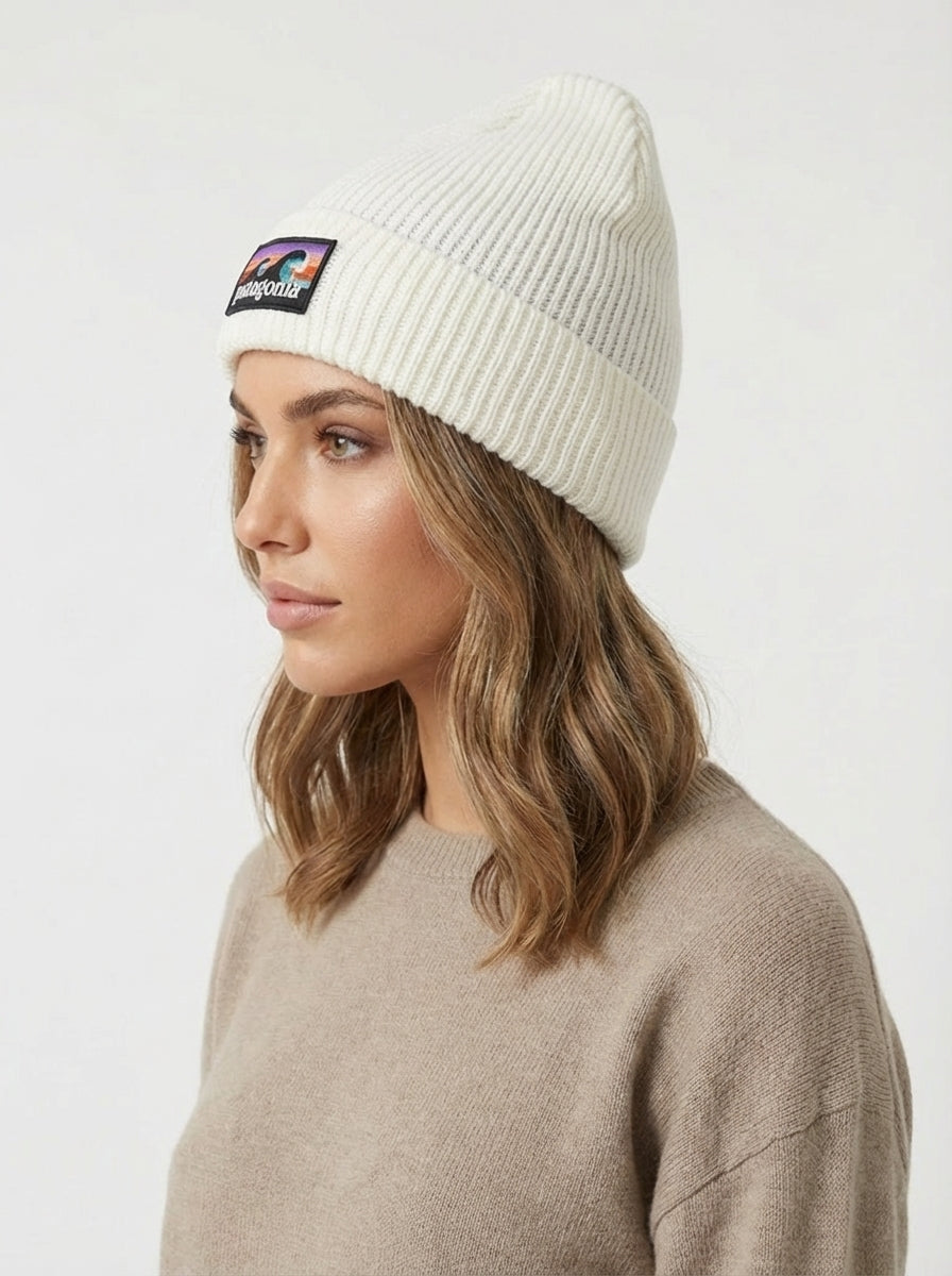 Patagonia White Ribbed Knit Beanie with Sunset Wave Logo
