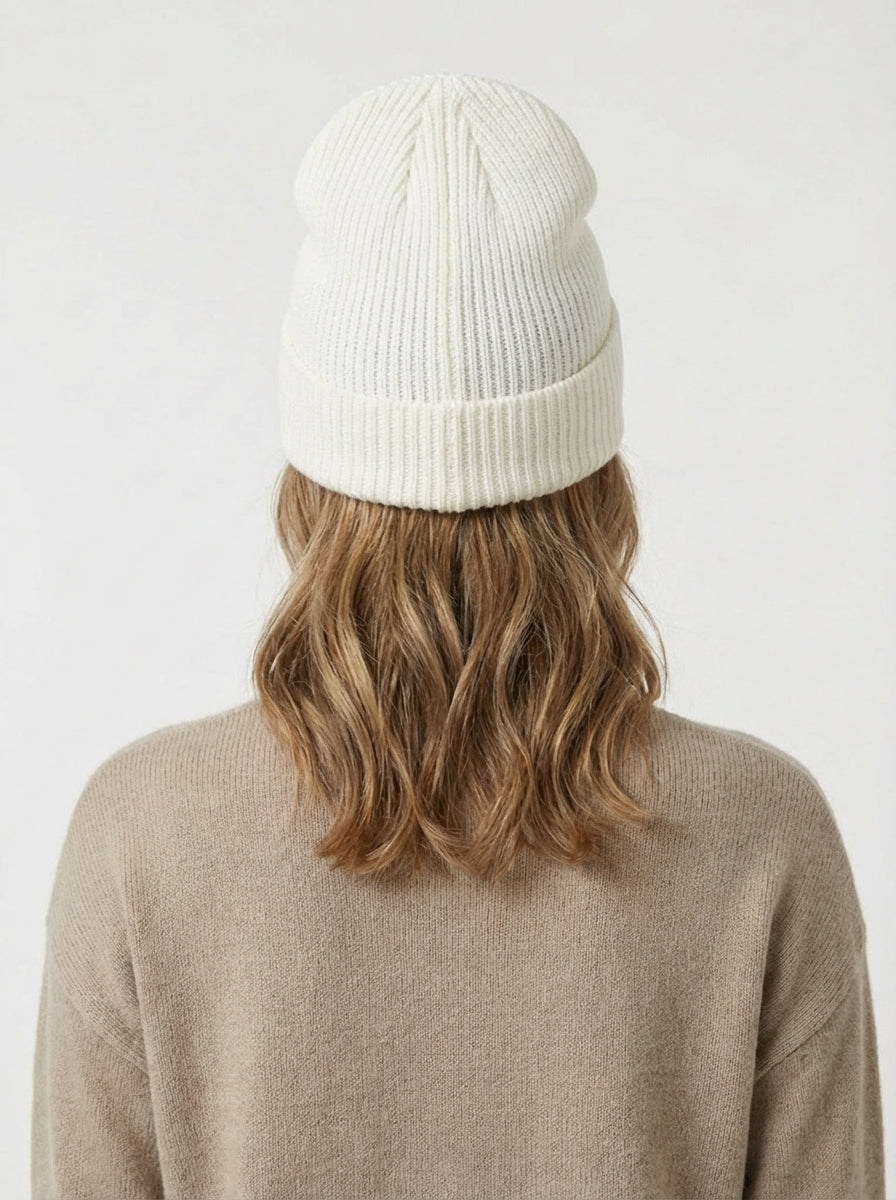 Patagonia White Ribbed Knit Beanie with Sunset Wave Logo